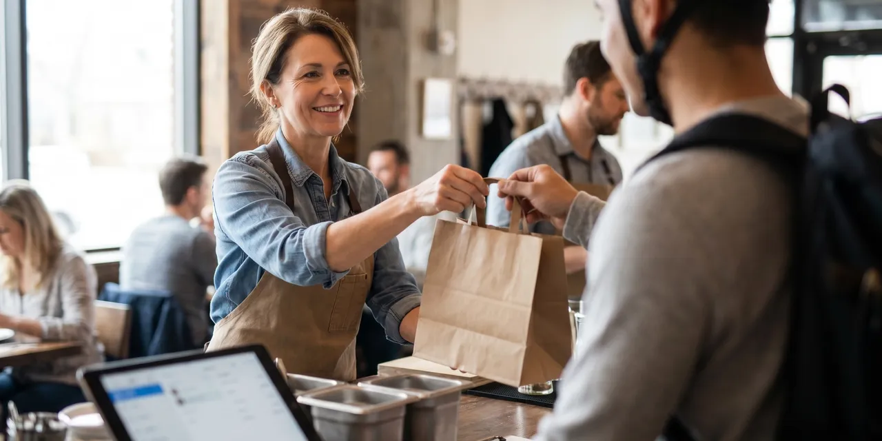 Restaurant owner handing a packed takeaway order to a delivery courier at a bistro pickup counter in warm window light.