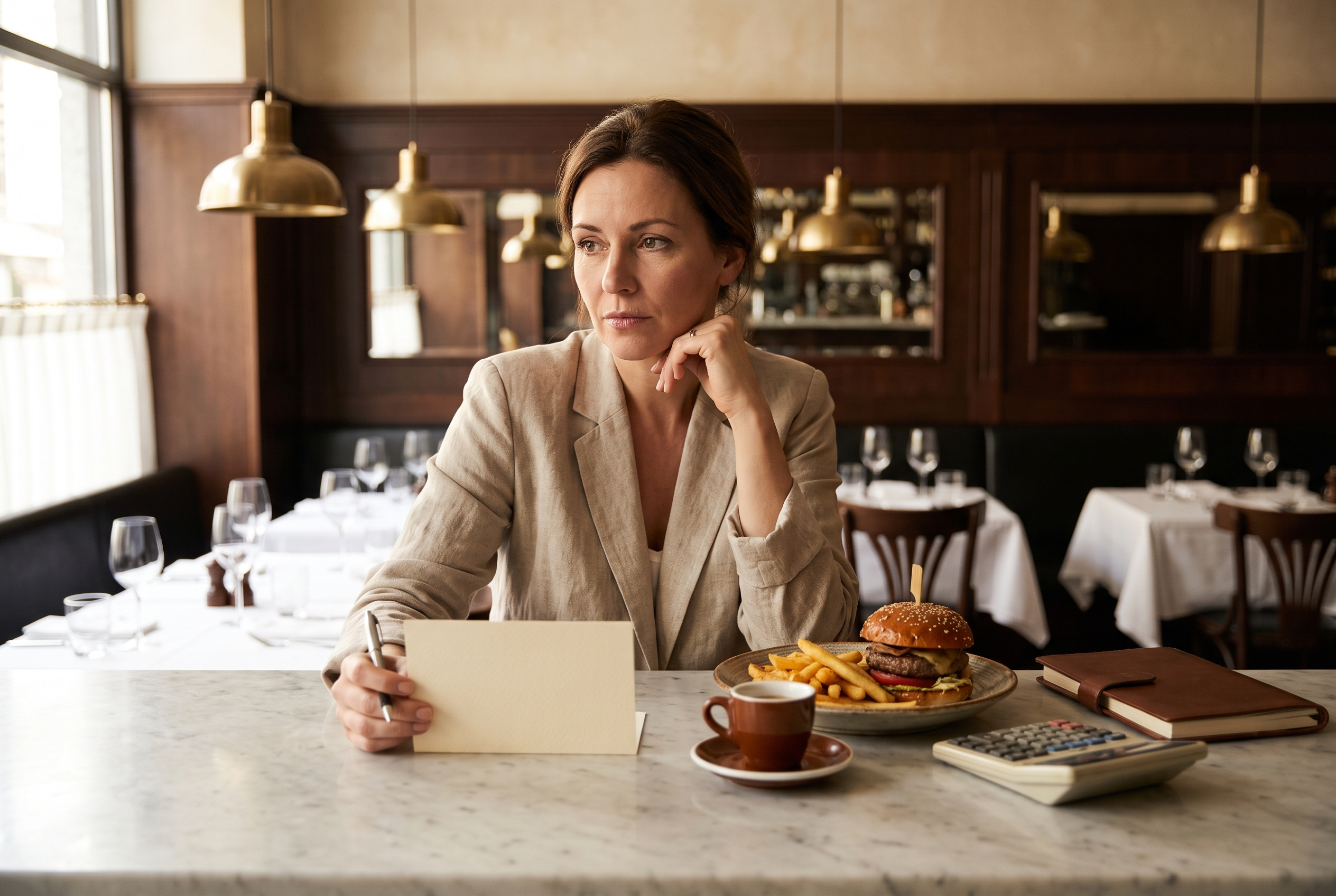 Restaurant owner at a marble bistro counter reviewing a blank menu card beside a burger, an espresso and a calculator