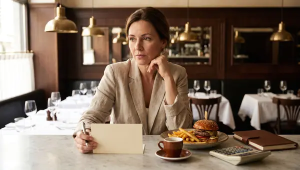 Restaurant owner at a marble bistro counter reviewing a blank menu card beside a burger, an espresso and a calculator