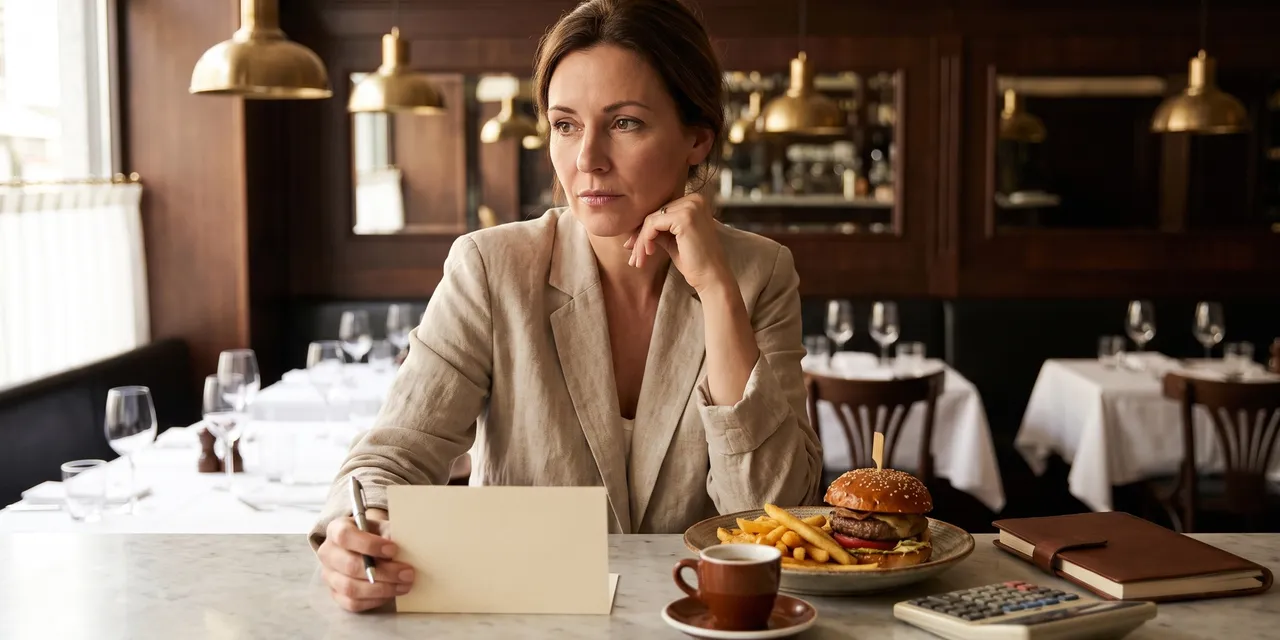 Restaurant owner at a marble bistro counter reviewing a blank menu card beside a burger, an espresso and a calculator