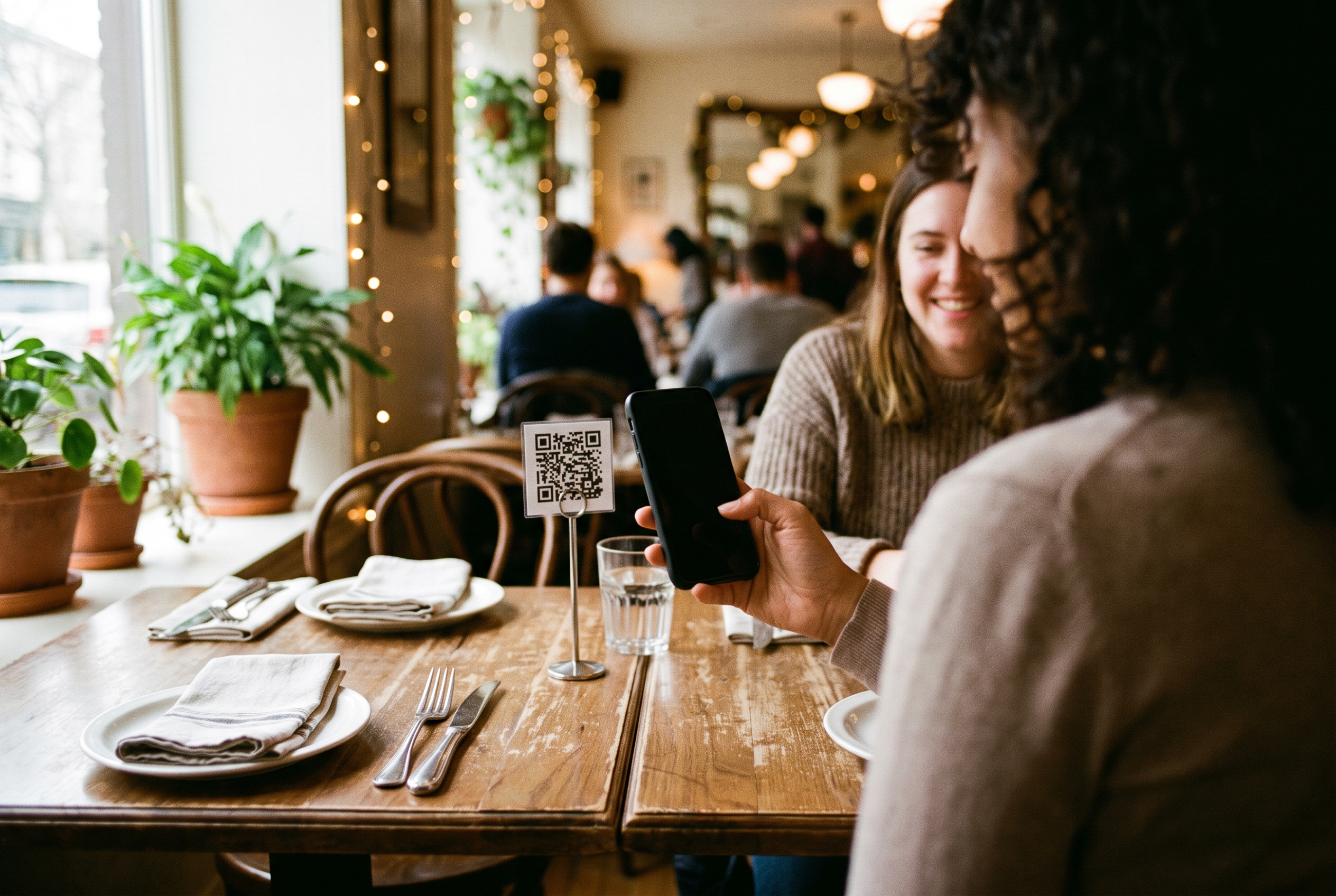 Two friends at a warm restaurant table, one of them scanning a QR code menu stand with her phone to open the menu.