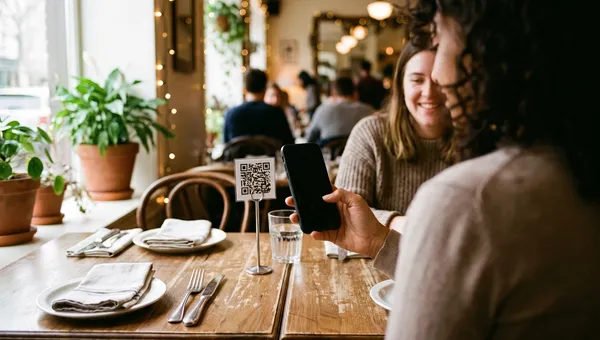 Two friends at a warm restaurant table, one of them scanning a QR code menu stand with her phone to open the menu.