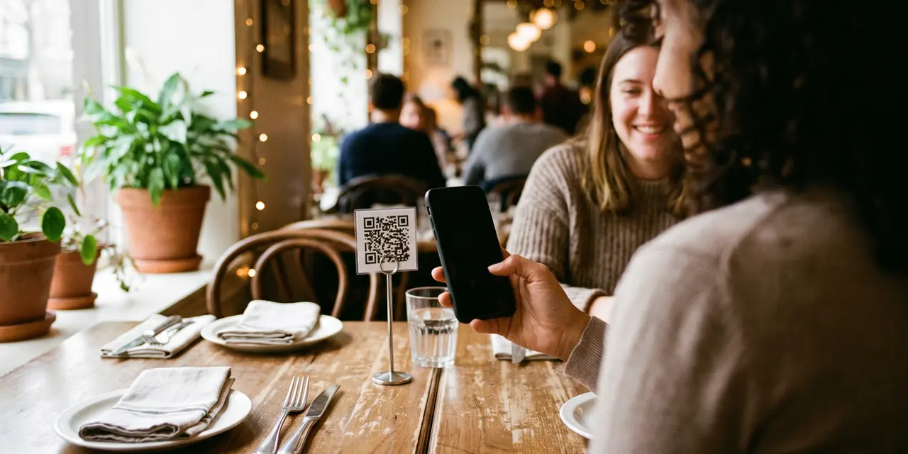 Two friends at a warm restaurant table, one of them scanning a QR code menu stand with her phone to open the menu.