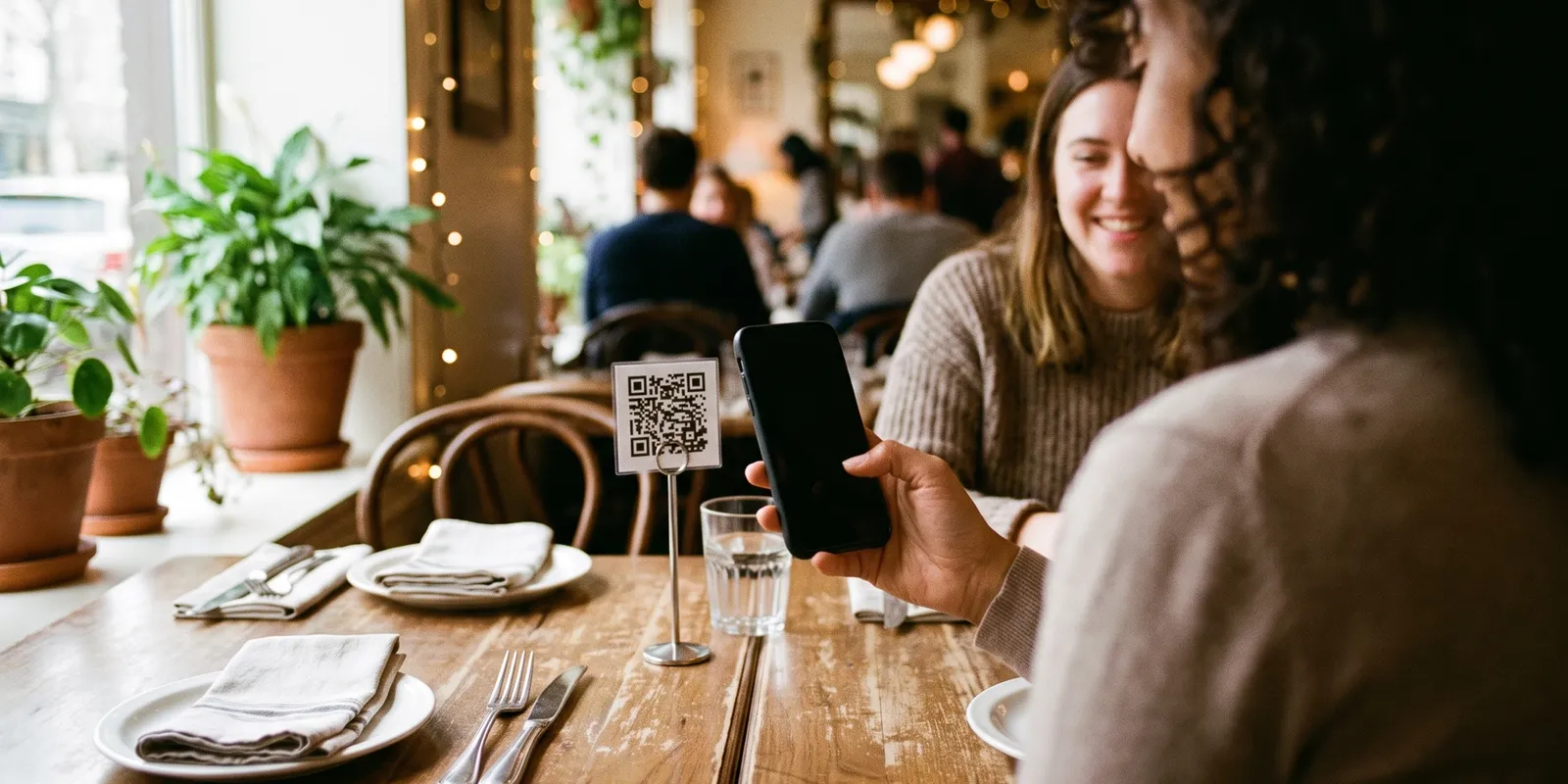 Two friends at a warm restaurant table, one of them scanning a QR code menu stand with her phone to open the menu.
