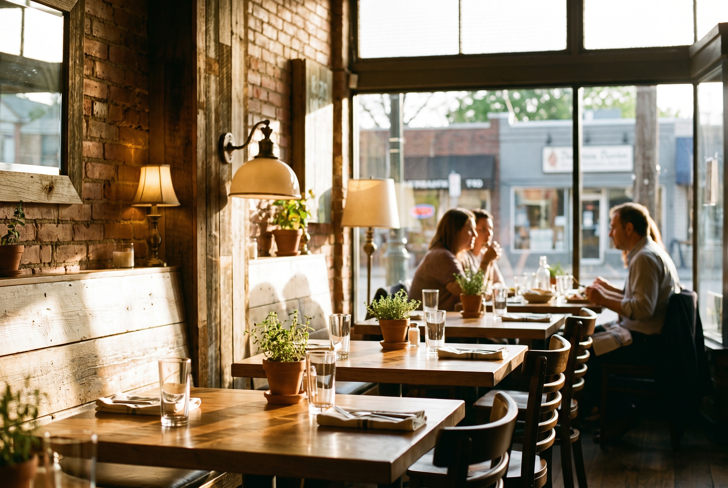 Guests eating at window tables in a busy neighborhood bistro during golden hour