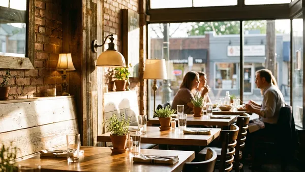 Guests eating at window tables in a busy neighborhood bistro during golden hour