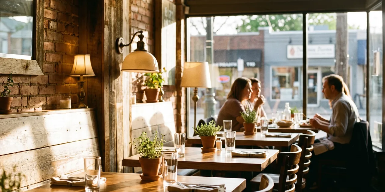 Guests eating at window tables in a busy neighborhood bistro during golden hour