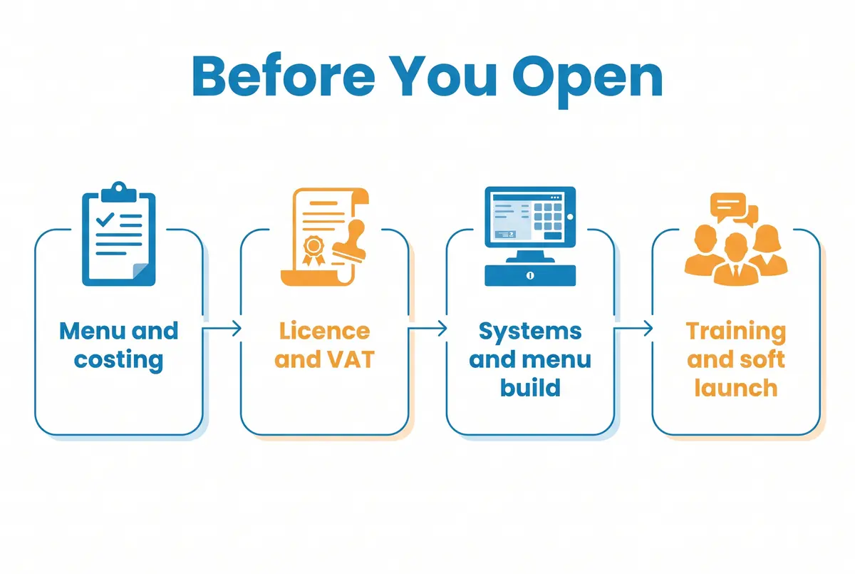 Timeline diagram with four milestones before opening: menu and costing, licence and VAT, systems and menu build, then training and soft launch.