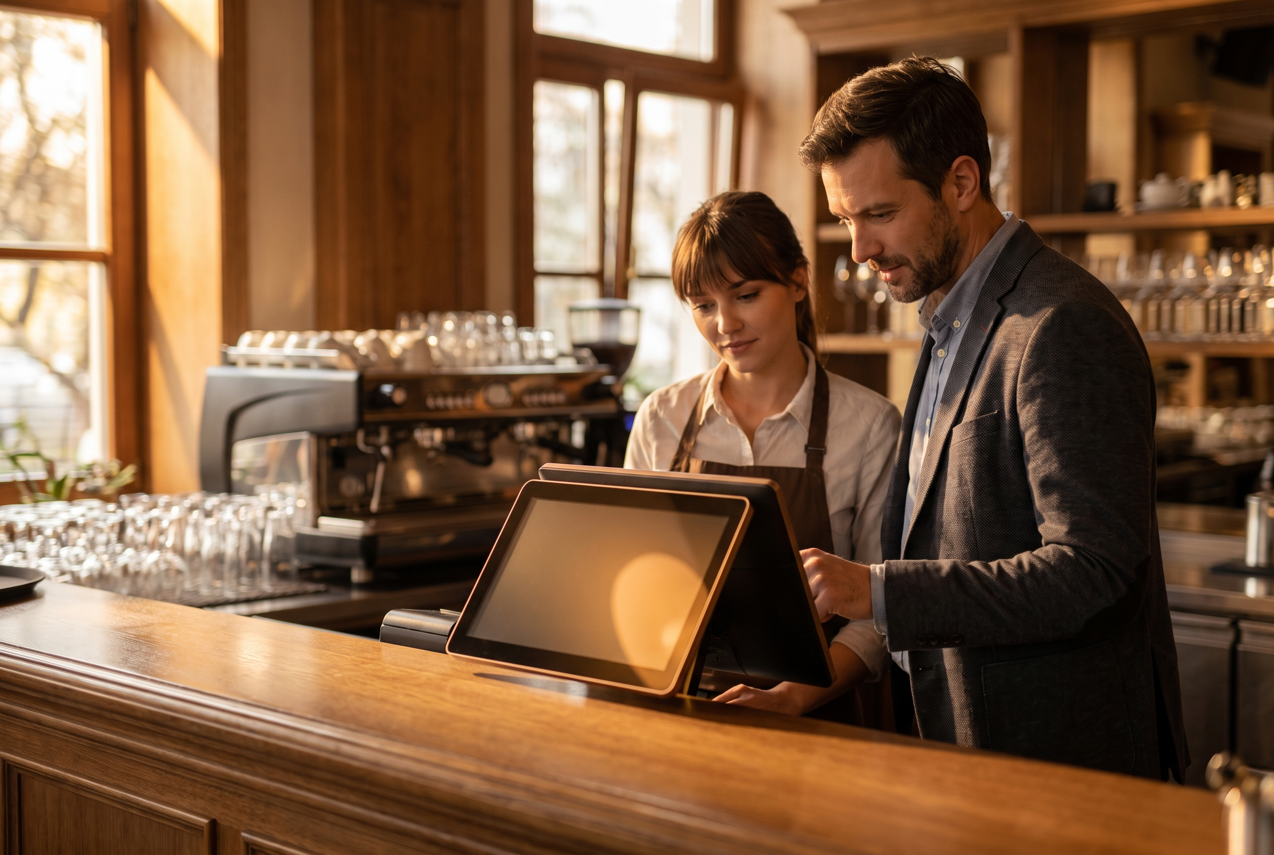 Restaurant manager and server using a modern POS touchscreen terminal at a warm bistro counter.