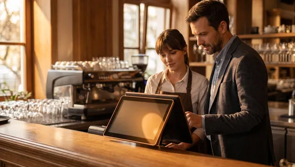 Restaurant manager and server using a modern POS touchscreen terminal at a warm bistro counter.