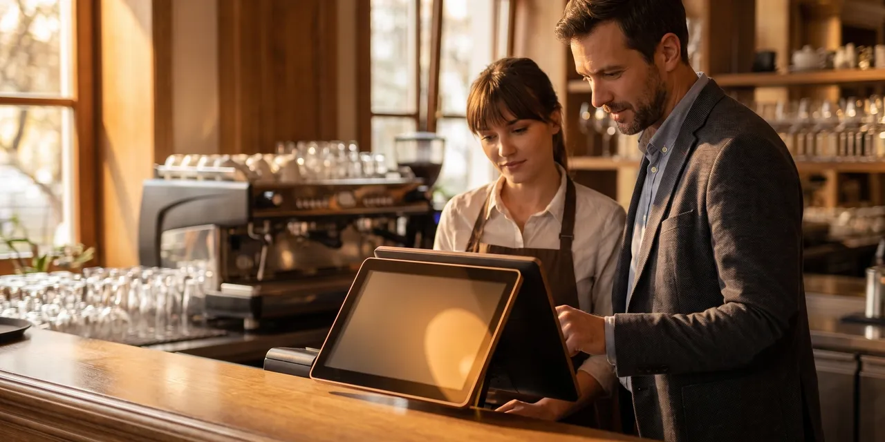 Restaurant manager and server using a modern POS touchscreen terminal at a warm bistro counter.