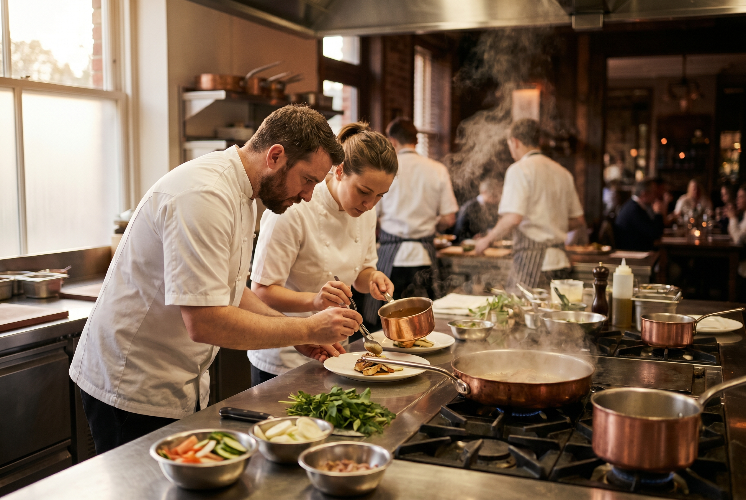 Two chefs plating dishes at the stainless-steel pass in a busy professional restaurant kitchen during service