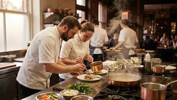 Two chefs plating dishes at the stainless-steel pass in a busy professional restaurant kitchen during service