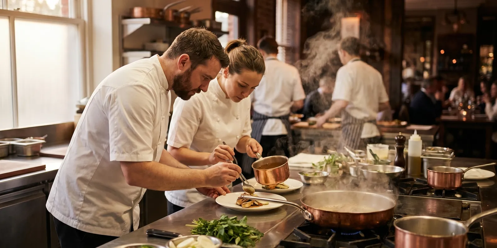 Two chefs plating dishes at the stainless-steel pass in a busy professional restaurant kitchen during service