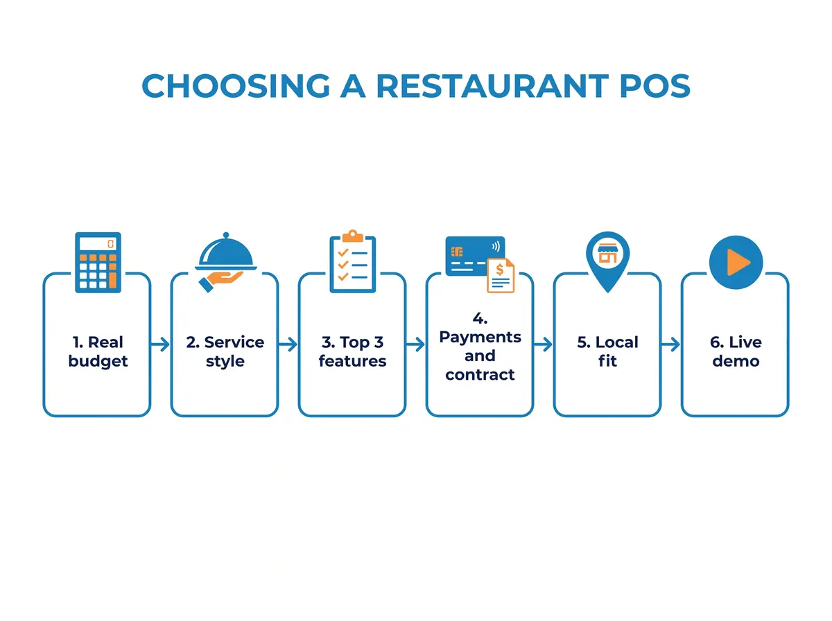 Six step decision flow for choosing a restaurant POS system: budget, service style, must-have features, payments and contract, local fit, live demo
