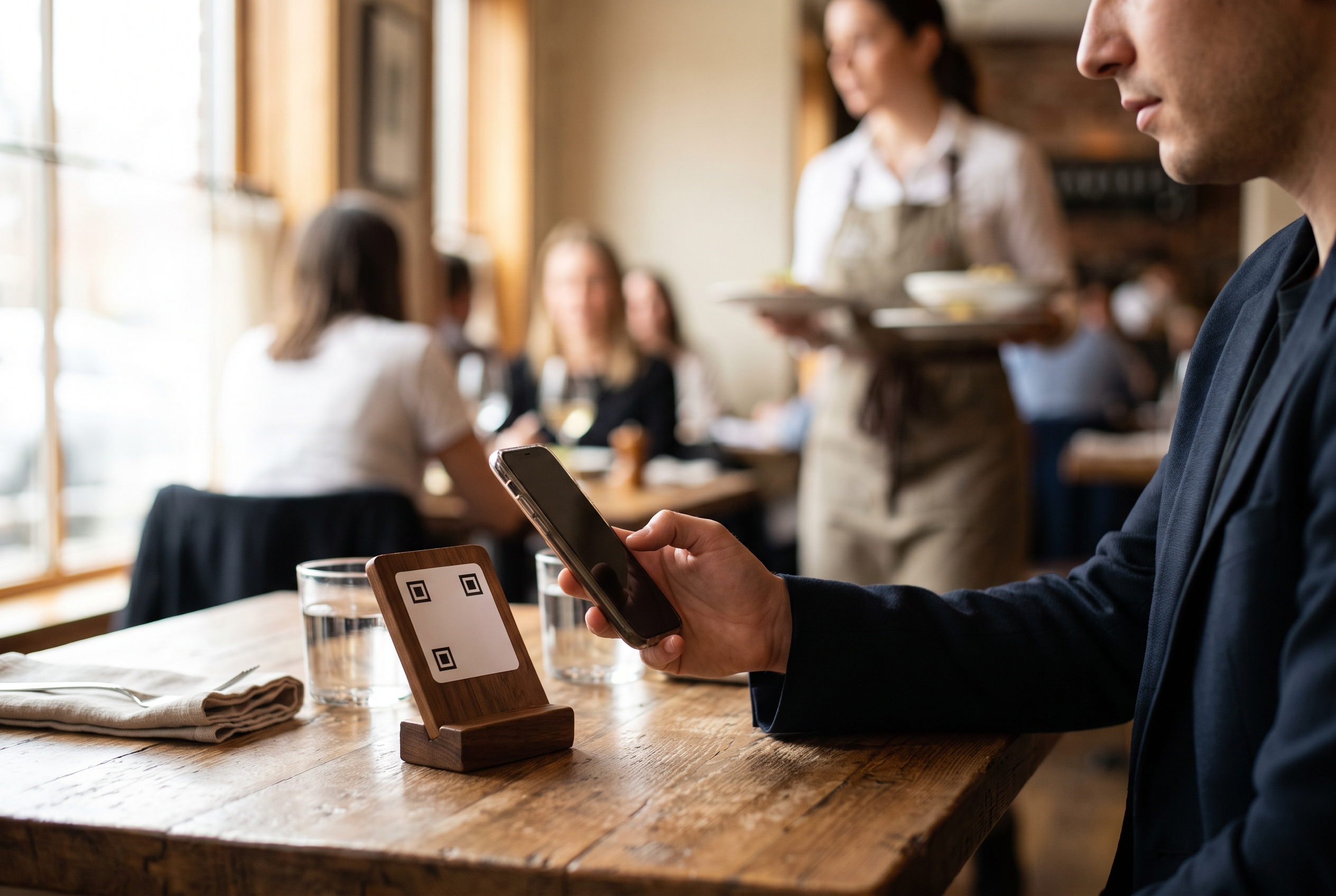 A restaurant guest scanning a QR code stand on a wooden table with their phone to open a contactless menu, with a server carrying plates in the background