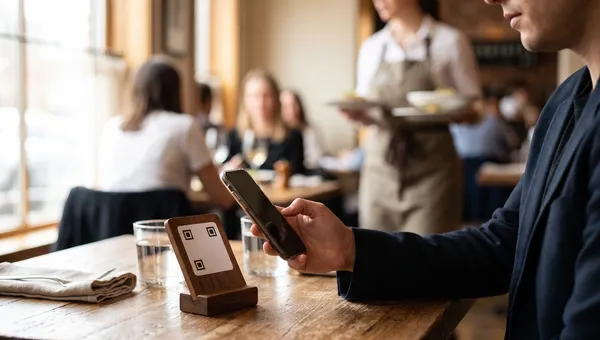 A restaurant guest scanning a QR code stand on a wooden table with their phone to open a contactless menu, with a server carrying plates in the background