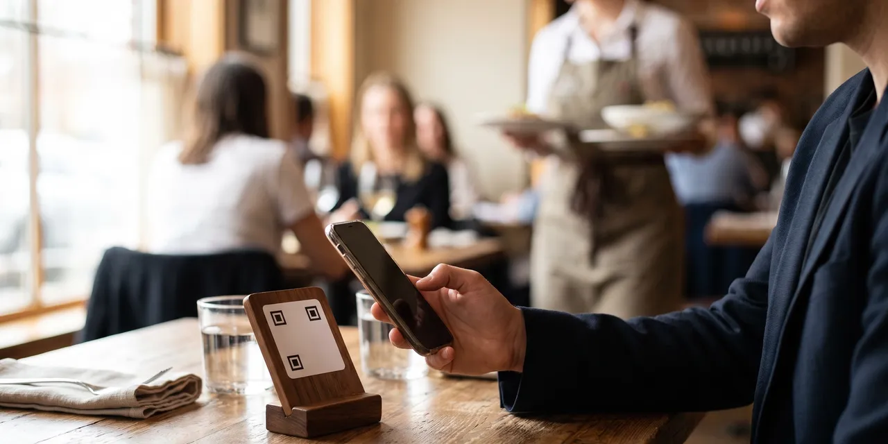 A restaurant guest scanning a QR code stand on a wooden table with their phone to open a contactless menu, with a server carrying plates in the background