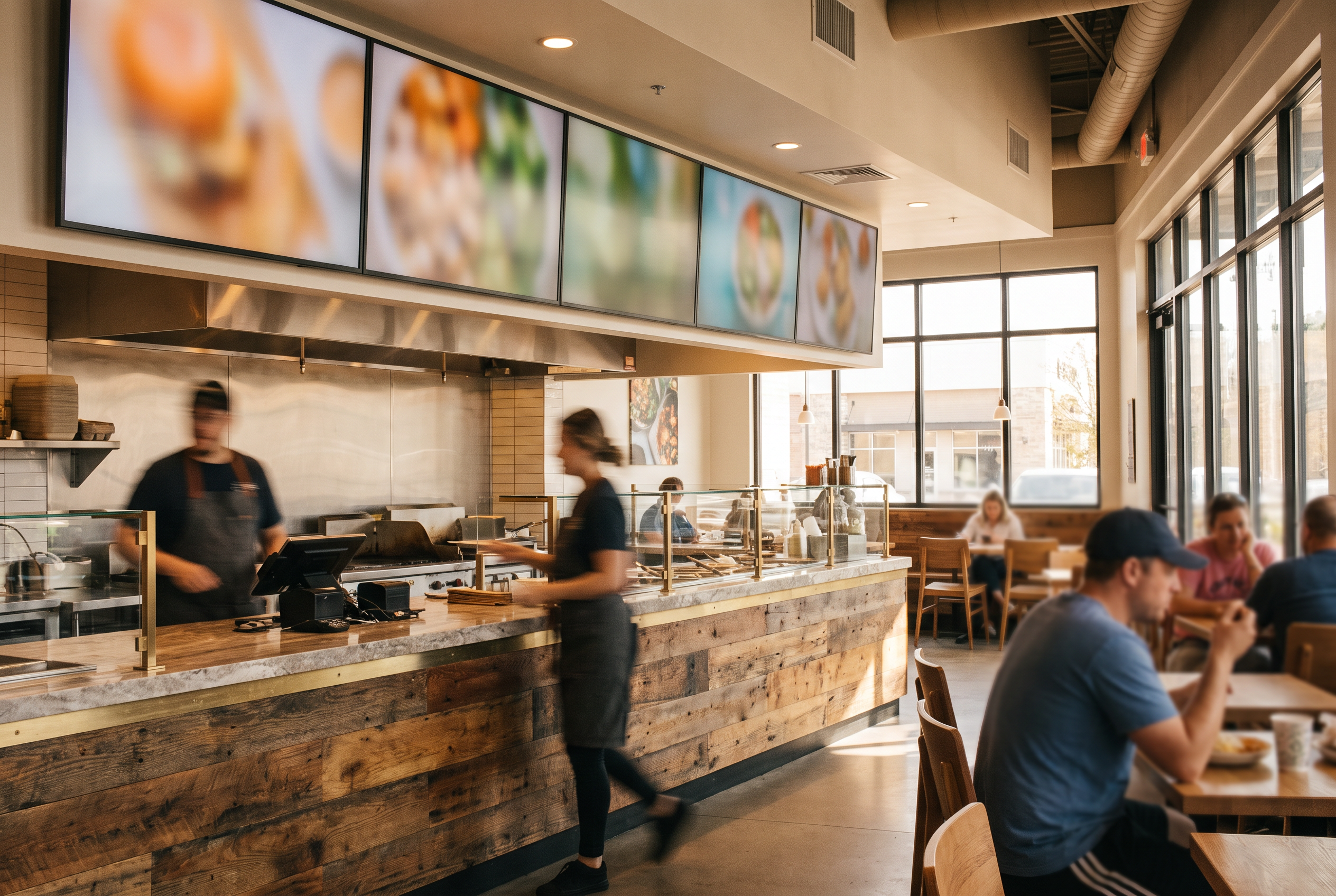 Digital menu board screens mounted above the counter of a modern restaurant