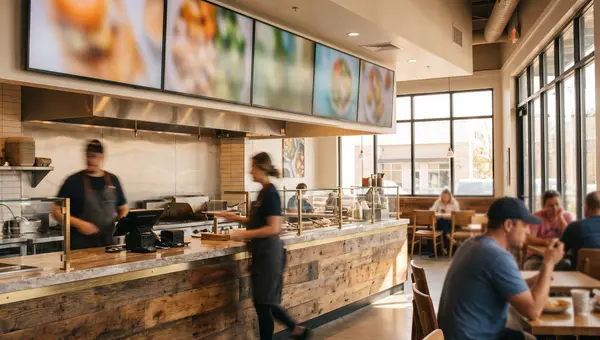 Digital menu board screens mounted above the counter of a modern restaurant