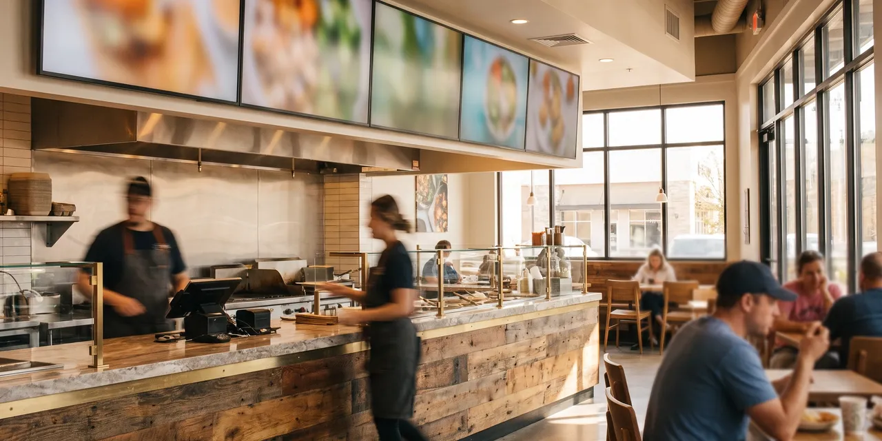 Digital menu board screens mounted above the counter of a modern restaurant