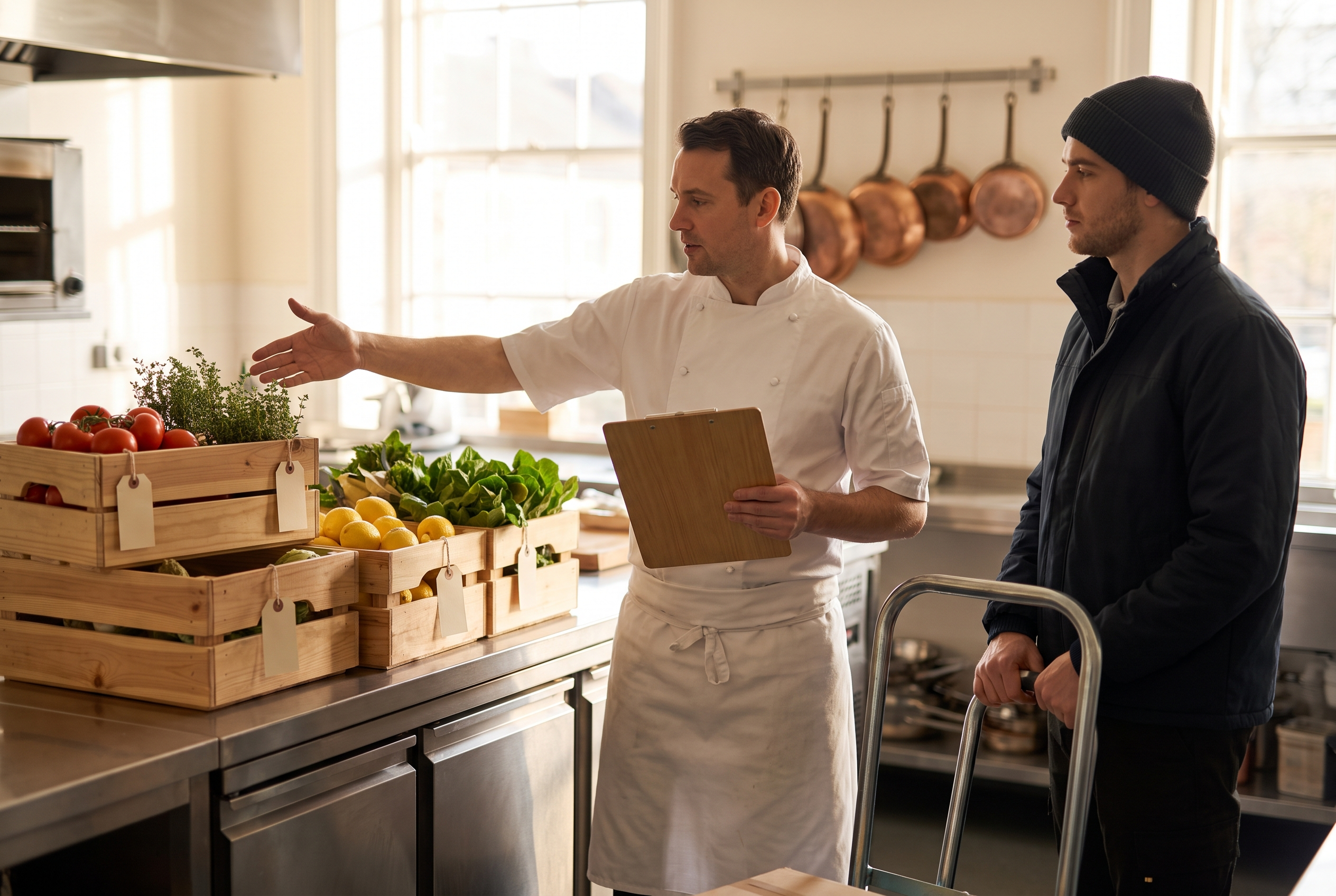 A head chef with a clipboard checking a fresh produce delivery of tomatoes, lemons, herbs and greens in wooden crates while the delivery driver waits in a bright restaurant kitchen.