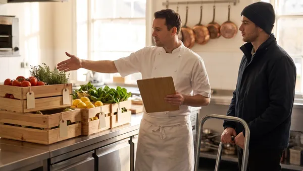 A head chef with a clipboard checking a fresh produce delivery of tomatoes, lemons, herbs and greens in wooden crates while the delivery driver waits in a bright restaurant kitchen.