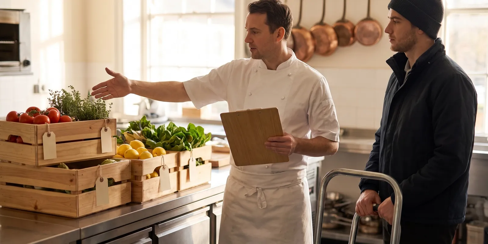 A head chef with a clipboard checking a fresh produce delivery of tomatoes, lemons, herbs and greens in wooden crates while the delivery driver waits in a bright restaurant kitchen.