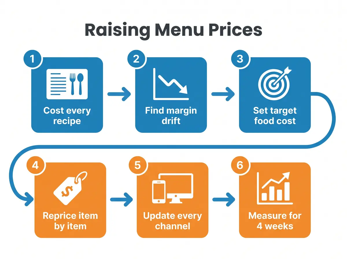 Six-step flow for raising menu prices: cost every recipe, find margin drift, set target food cost, reprice item by item, update every channel, measure for 4 weeks