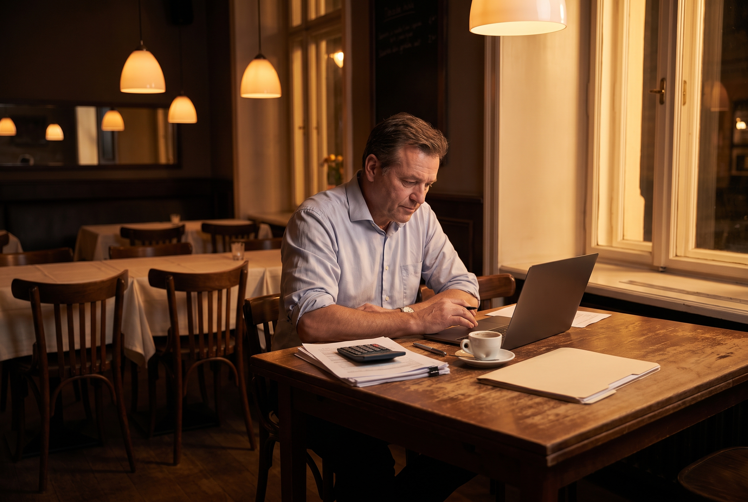A restaurant owner doing the monthly books at a corner table after service, with a laptop, a folder of supplier invoices, receipts, a calculator and an espresso in a warmly lit empty dining room.