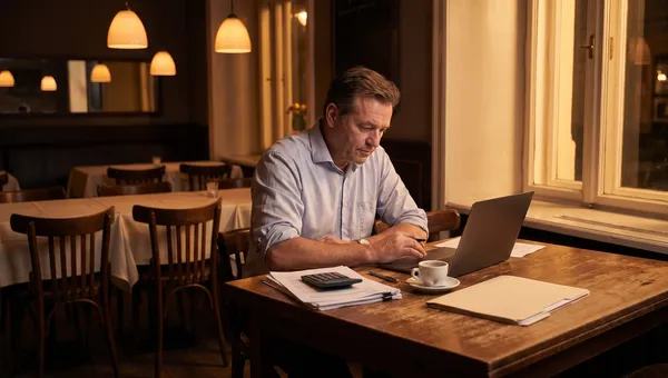 A restaurant owner doing the monthly books at a corner table after service, with a laptop, a folder of supplier invoices, receipts, a calculator and an espresso in a warmly lit empty dining room.