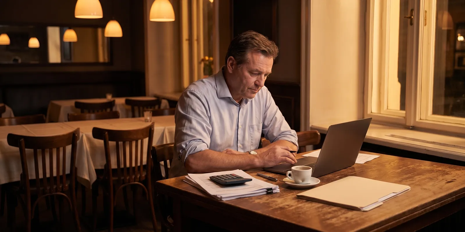 A restaurant owner doing the monthly books at a corner table after service, with a laptop, a folder of supplier invoices, receipts, a calculator and an espresso in a warmly lit empty dining room.