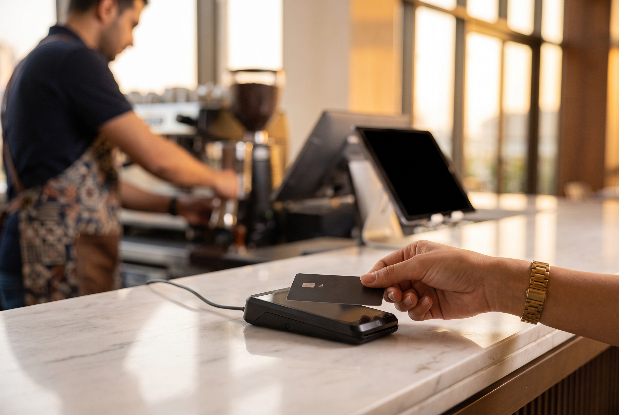 A guest taps a contactless card on a countertop card machine at a Dubai bistro counter, with the restaurant's POS tablet in the background.