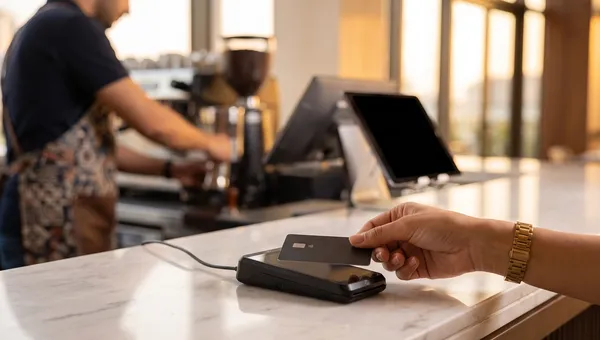 A guest taps a contactless card on a countertop card machine at a Dubai bistro counter, with the restaurant's POS tablet in the background.