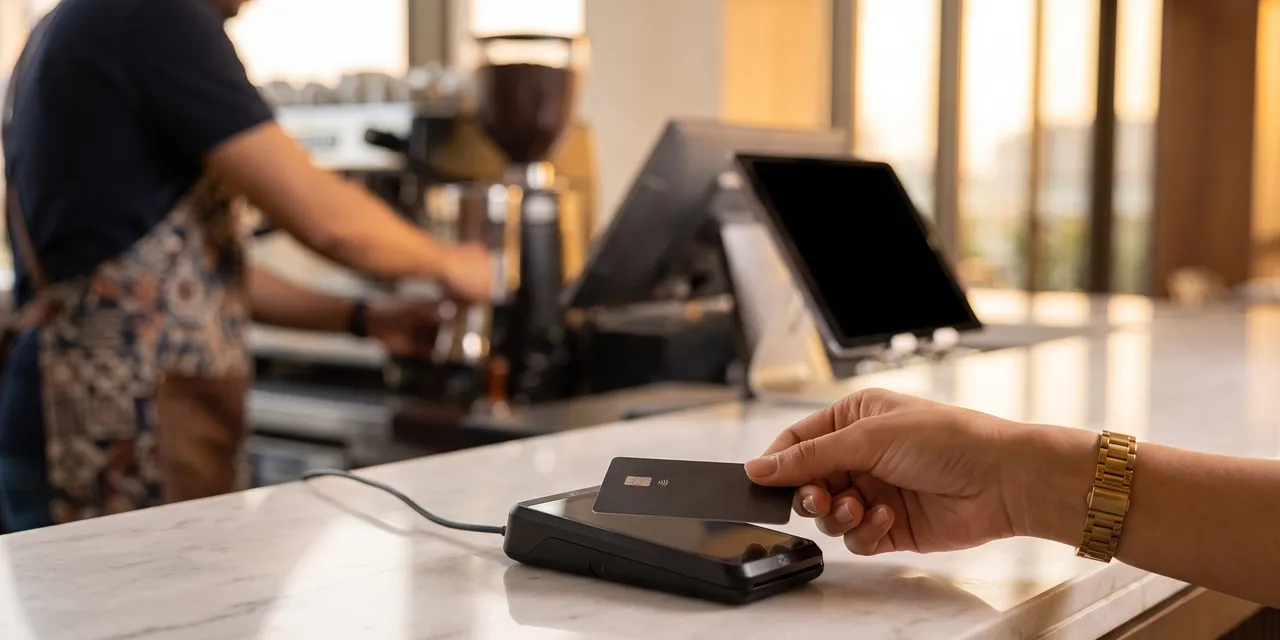 A guest taps a contactless card on a countertop card machine at a Dubai bistro counter, with the restaurant's POS tablet in the background.