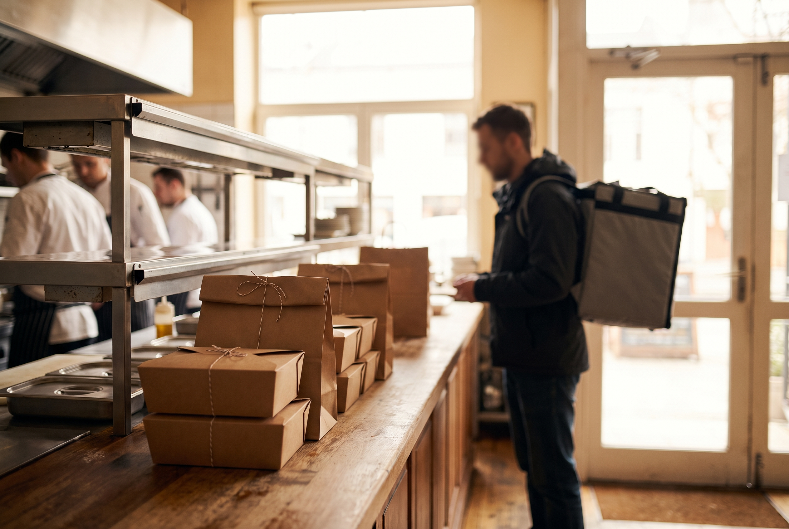 Courier collecting packed takeaway delivery orders at a restaurant pass counter