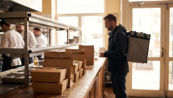 Courier collecting packed takeaway delivery orders at a restaurant pass counter