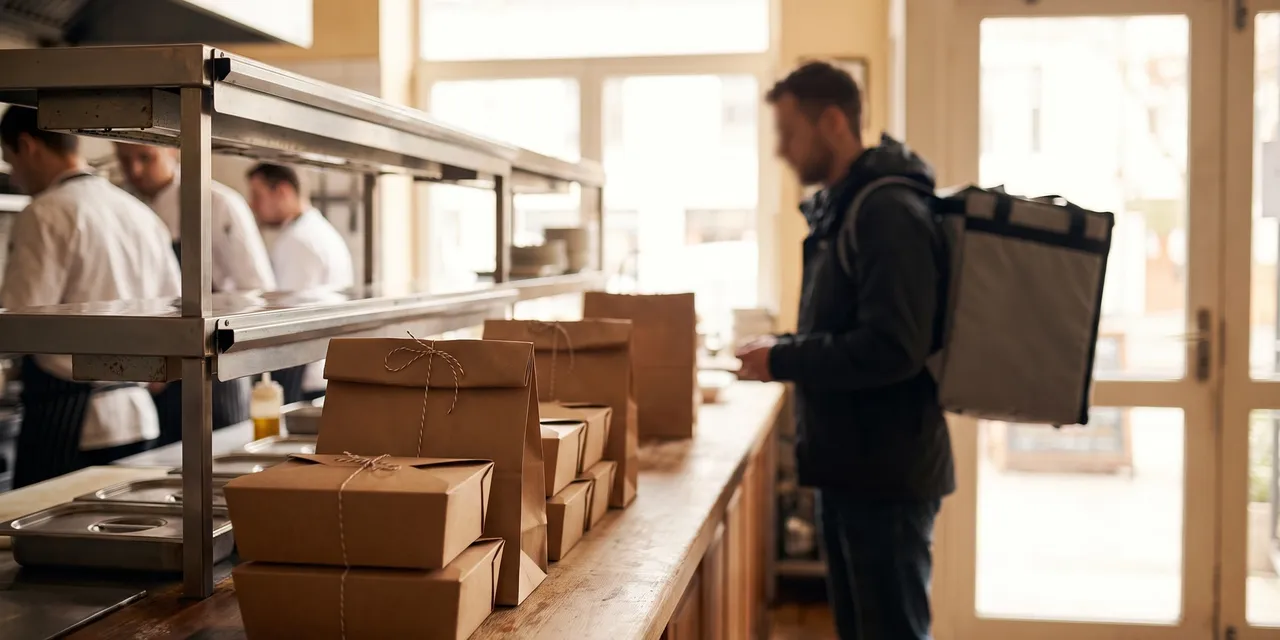 Courier collecting packed takeaway delivery orders at a restaurant pass counter