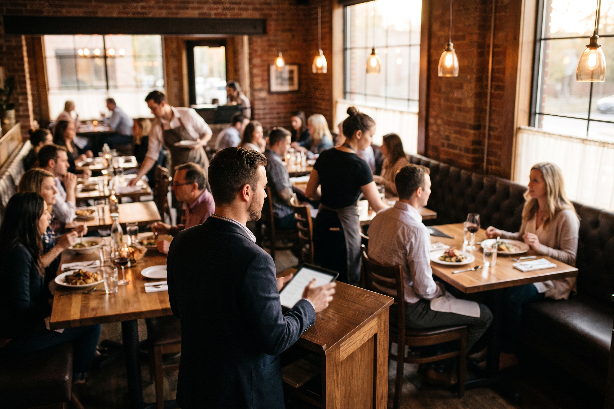 A host watching the dining room while a server seats a couple at a freshly set table during evening service