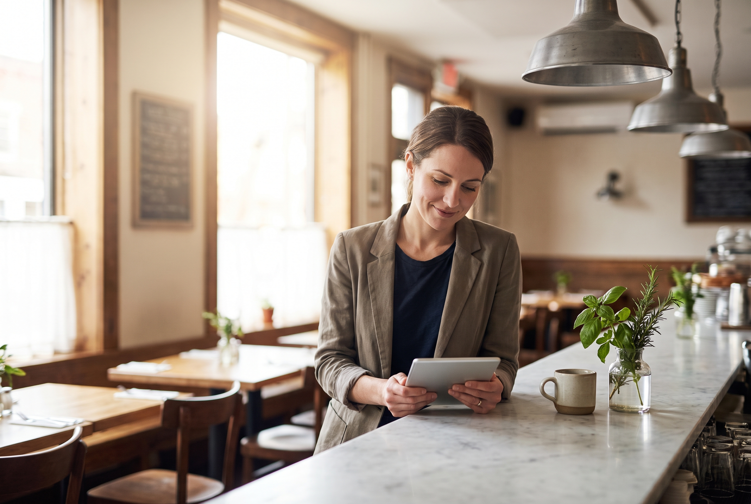 Restaurant owner reviewing guest data on a tablet at the counter of a warm bistro