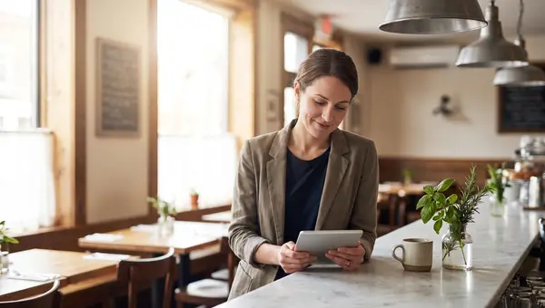 Restaurant owner reviewing guest data on a tablet at the counter of a warm bistro
