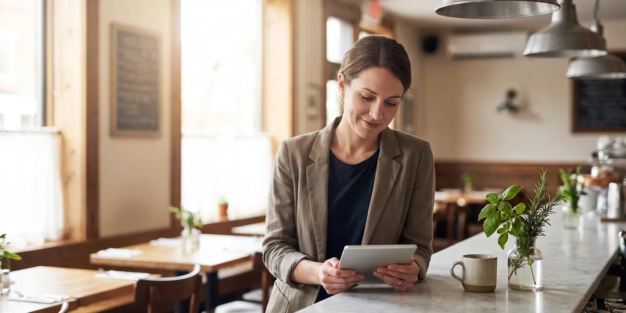 Restaurant owner reviewing guest data on a tablet at the counter of a warm bistro