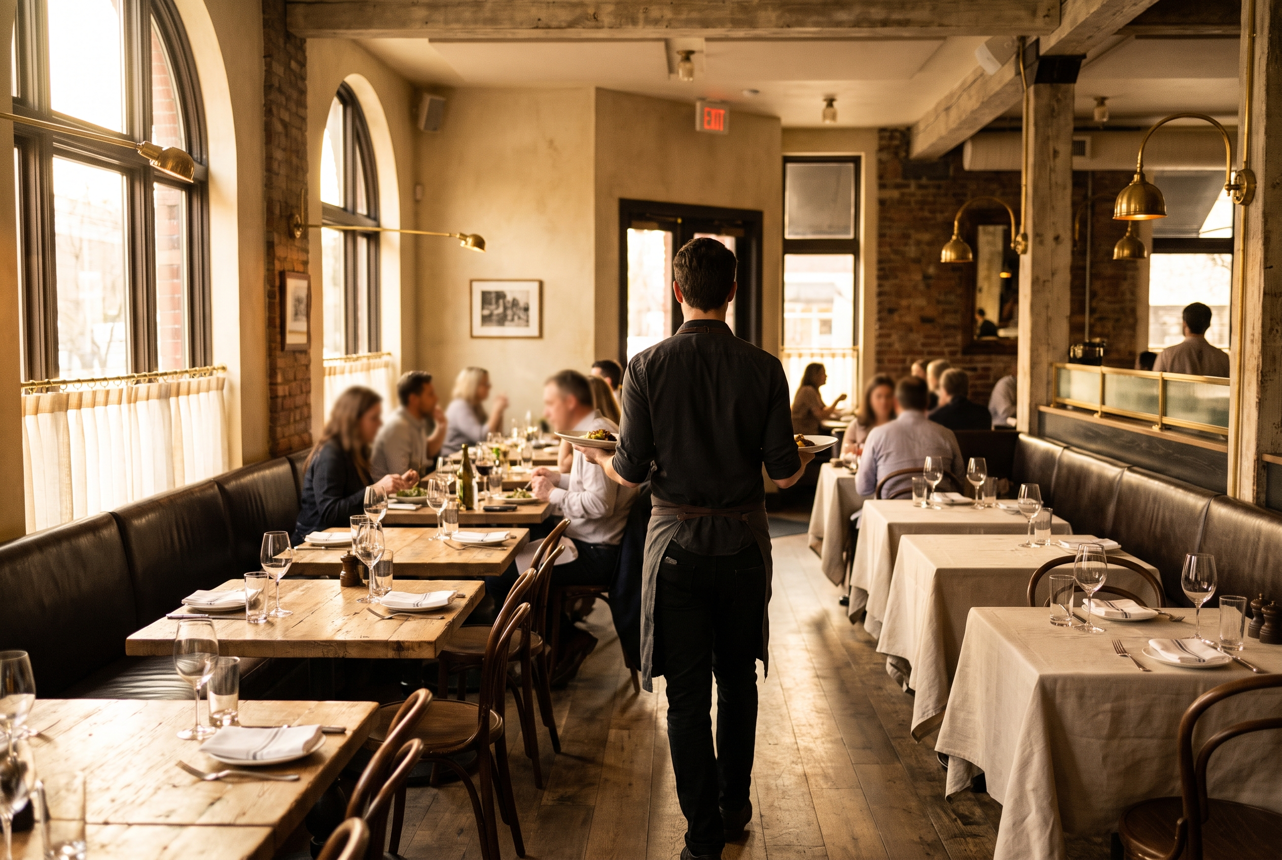 Servers moving between well-spaced tables in a warm, sunlit bistro dining room during service