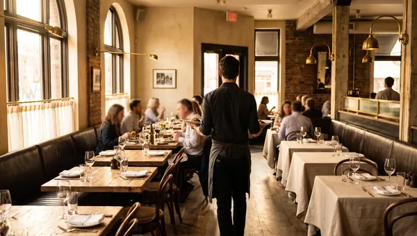Servers moving between well-spaced tables in a warm, sunlit bistro dining room during service