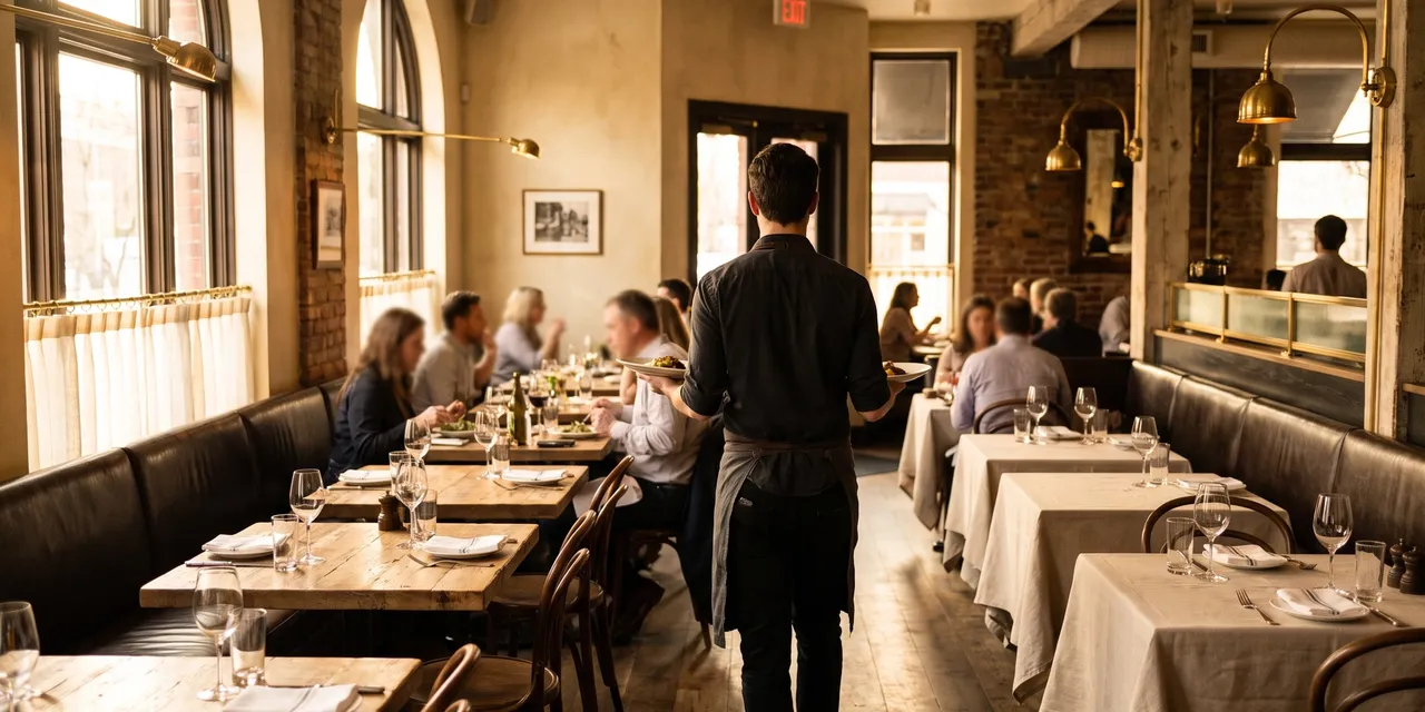 Servers moving between well-spaced tables in a warm, sunlit bistro dining room during service