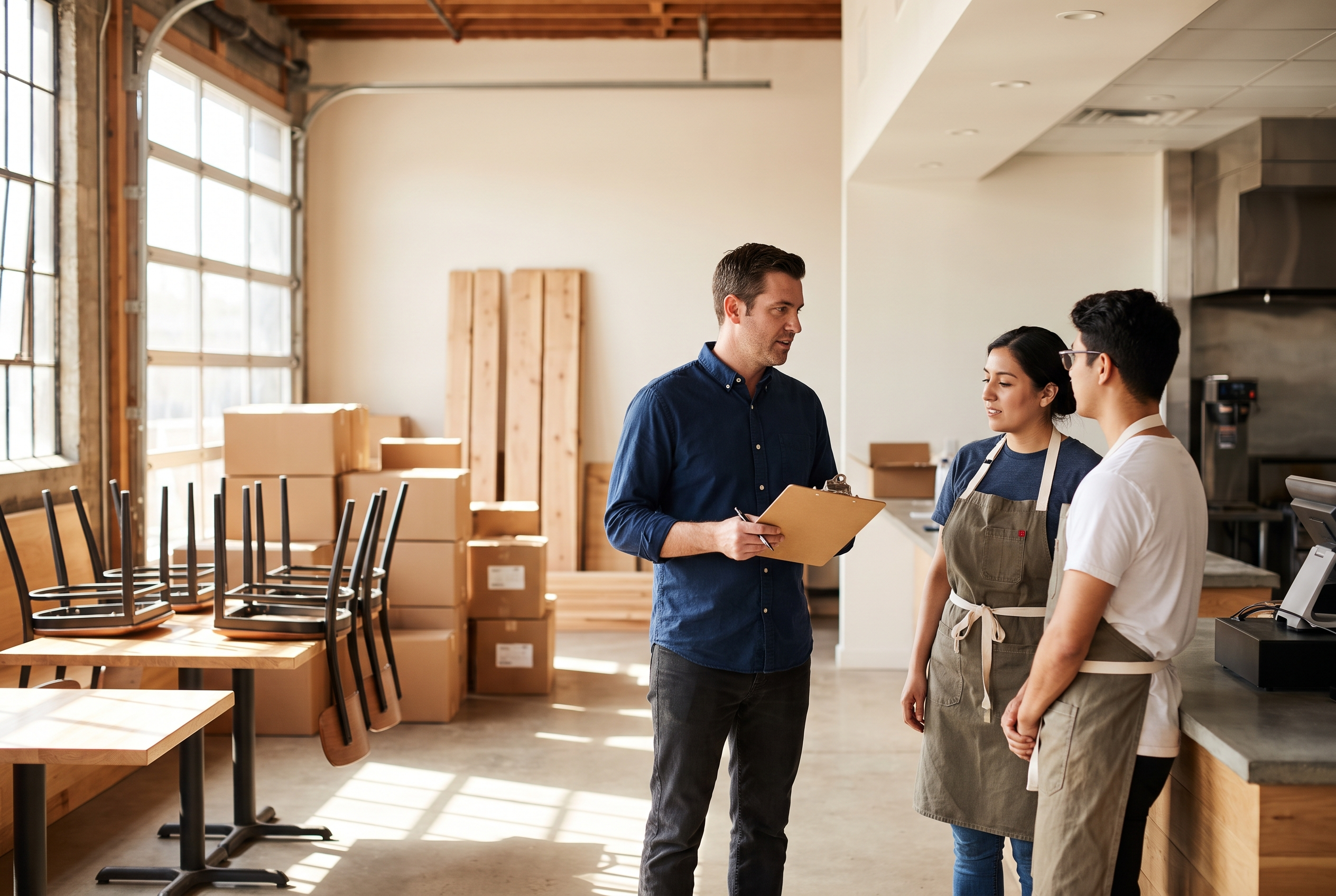 Restaurant manager with a clipboard briefing two staff members in a dining room shortly before opening.