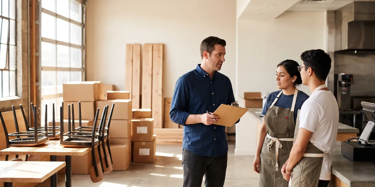 Restaurant manager with a clipboard briefing two staff members in a dining room shortly before opening.