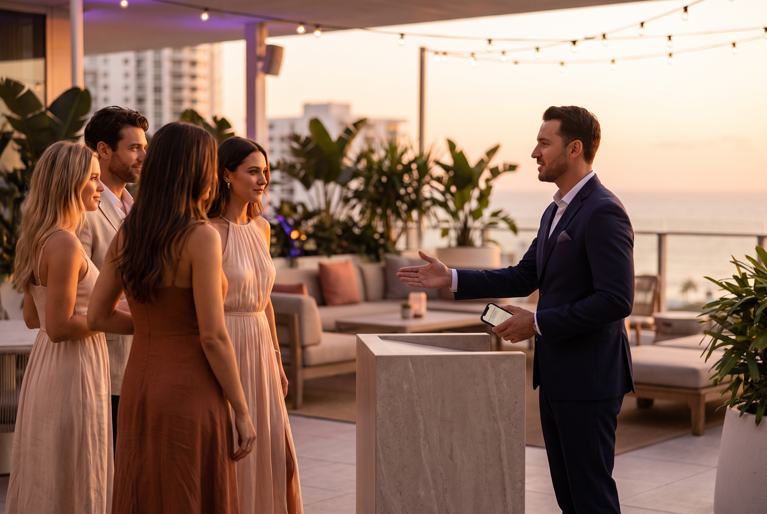 A host in a dark suit welcoming a group of guests at the stone host stand of a rooftop lounge at golden hour, with lounge seating, plants and the sea behind them.