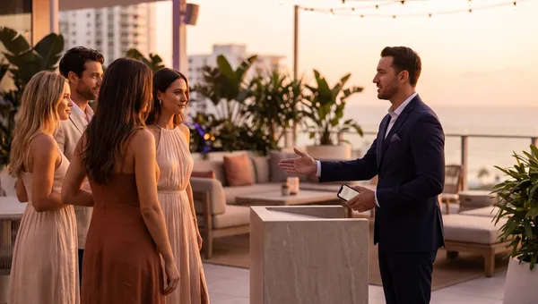A host in a dark suit welcoming a group of guests at the stone host stand of a rooftop lounge at golden hour, with lounge seating, plants and the sea behind them.