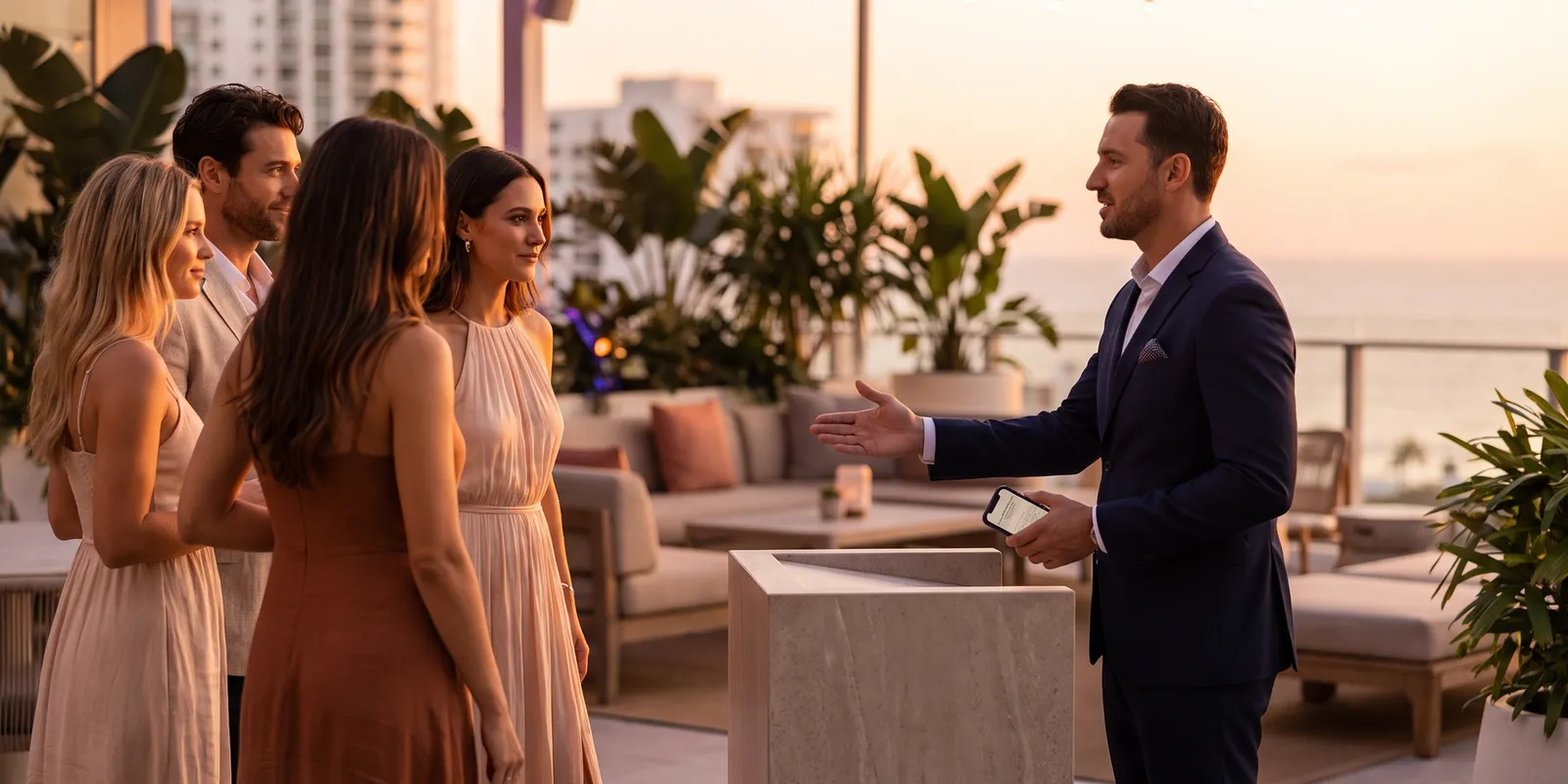A host in a dark suit welcoming a group of guests at the stone host stand of a rooftop lounge at golden hour, with lounge seating, plants and the sea behind them.